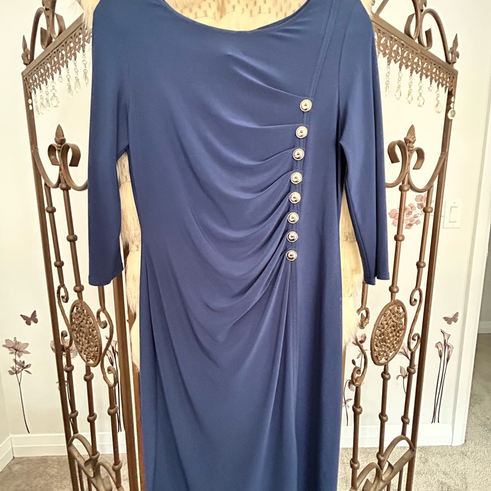 Joseph Ribkoff Blue Ruched Long Sleeve Sheath Dress
